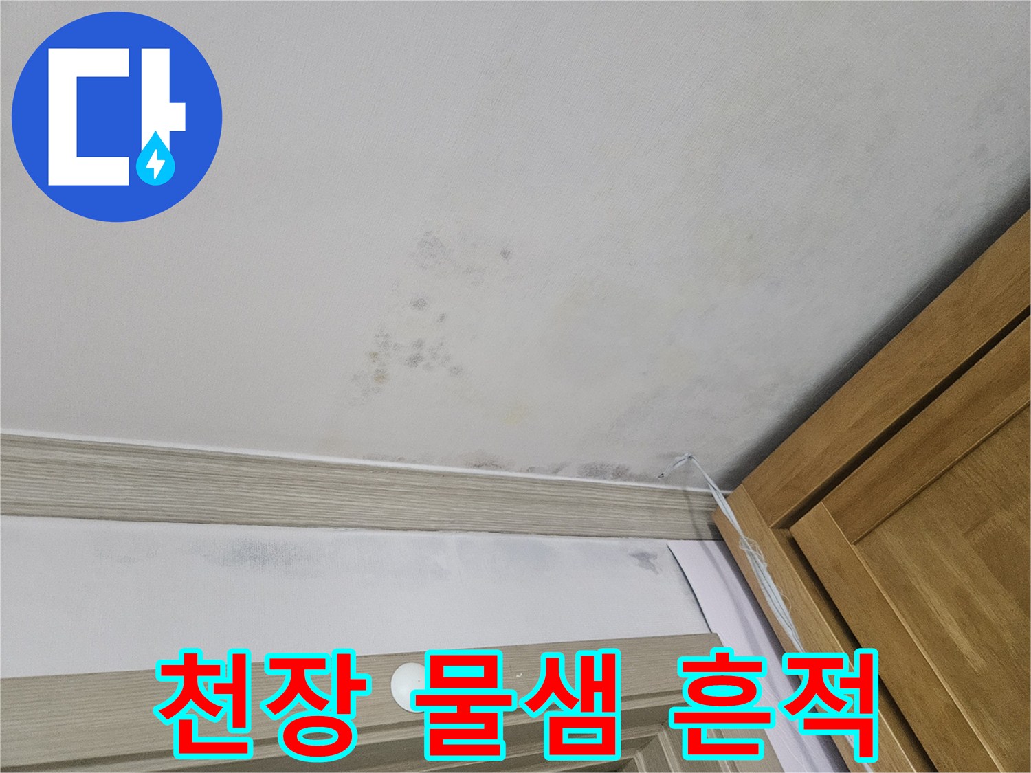 천장에 나타난 불규칙한 모양의 누수 얼룩