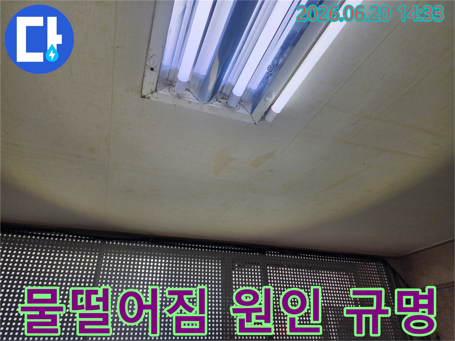 누수-전문가가-육안으로-천장-누수-피해를-진단하는-현장-사진-형광등-주변-물자국이-선명하게-보입니다