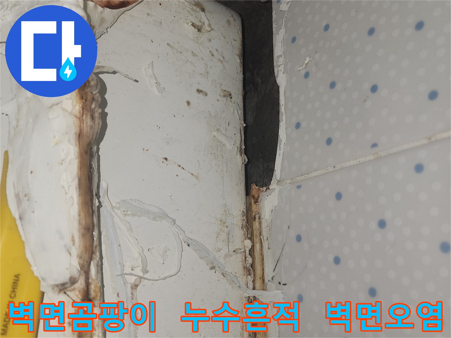누수로-인해-벽면-상단에-광범위하게-번식한-곰팡이와-오염-현상