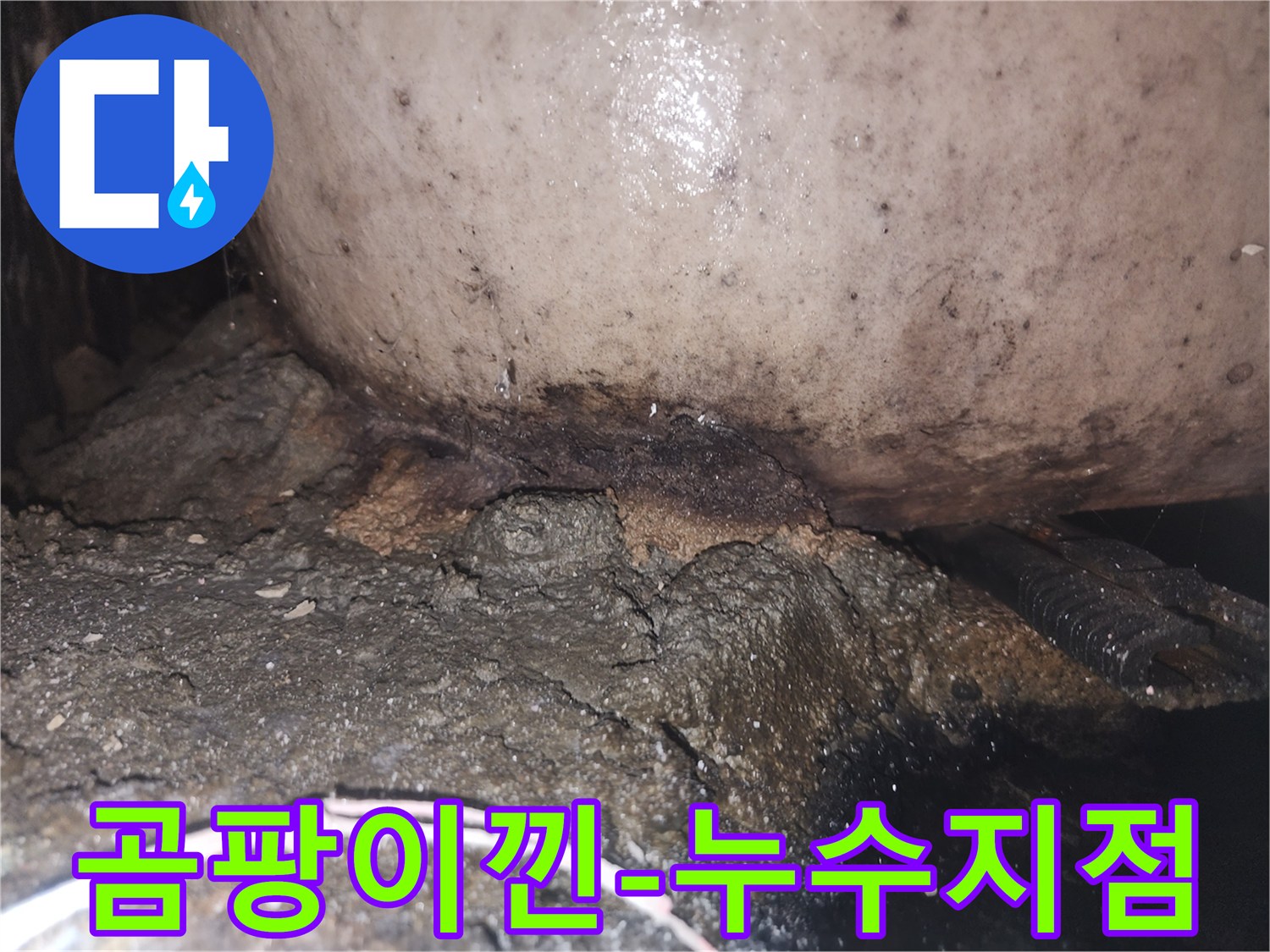물이 새는 곳 주변의 흙과 콘크리트가 부식되어 검게 변색된 누수 흔적