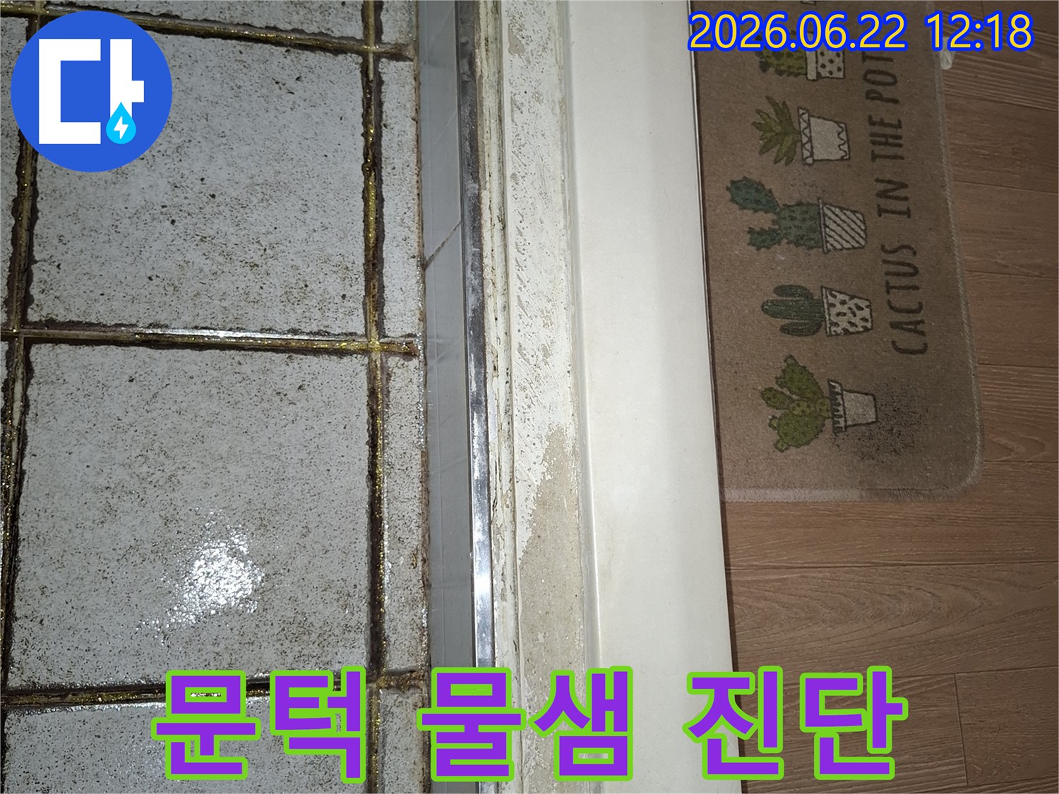 욕실 문턱 하단에 물기가 스며들어 마루와 경계면이 젖어 있는 현장 사진-누수 발생 가능성을 보여주는 중요한 단서입니다