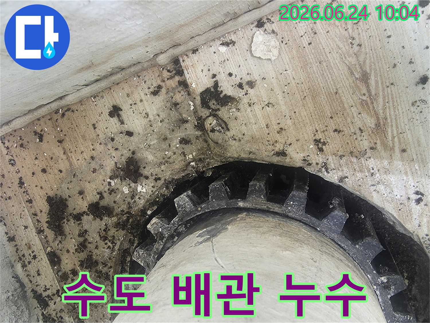 오래된 수도 배관에서-물이 새어-주변에 검은 물때와-곰팡이가 생긴-누수 현장의-클로즈업 사진
