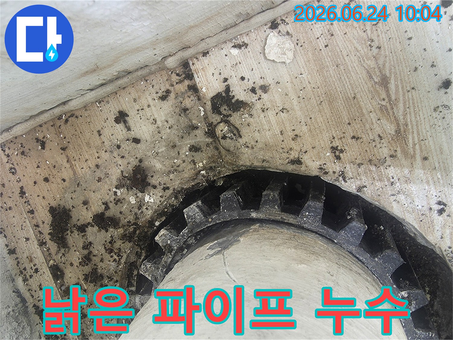 오래된 파이프와-그 주변에 생긴-검은색 물때-그리고 곰팡이로-인한 오염을-보여주는 누수 현장