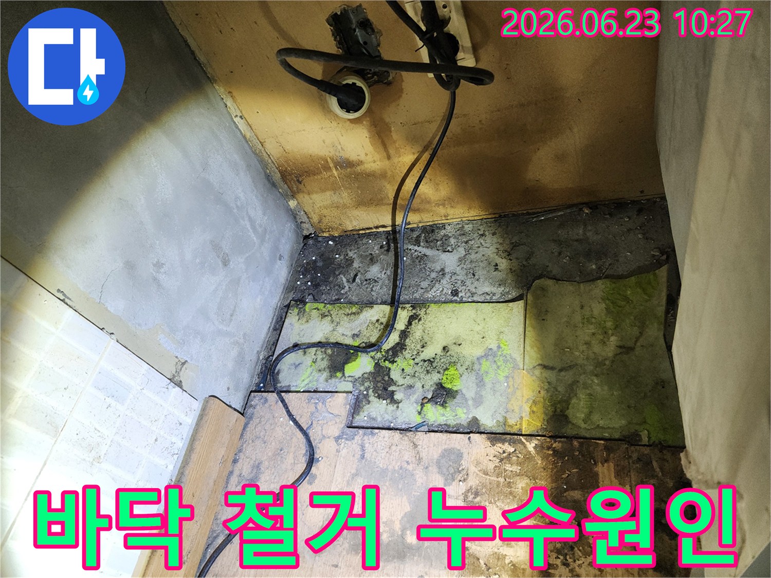 상가 누수-원인-파악을-위해-바닥재를-철거한-후-드러난-젖은-하부-구조를-보여주는-사진