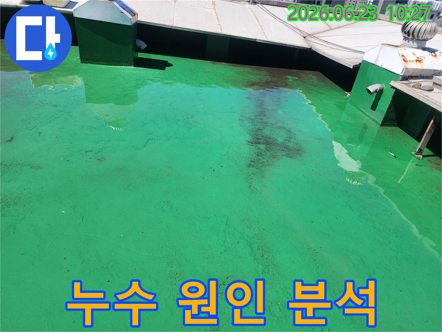 옥상 방수층이 손상되어-빗물이 고여있는-심각한 상태를-촬영한 이미지입니다