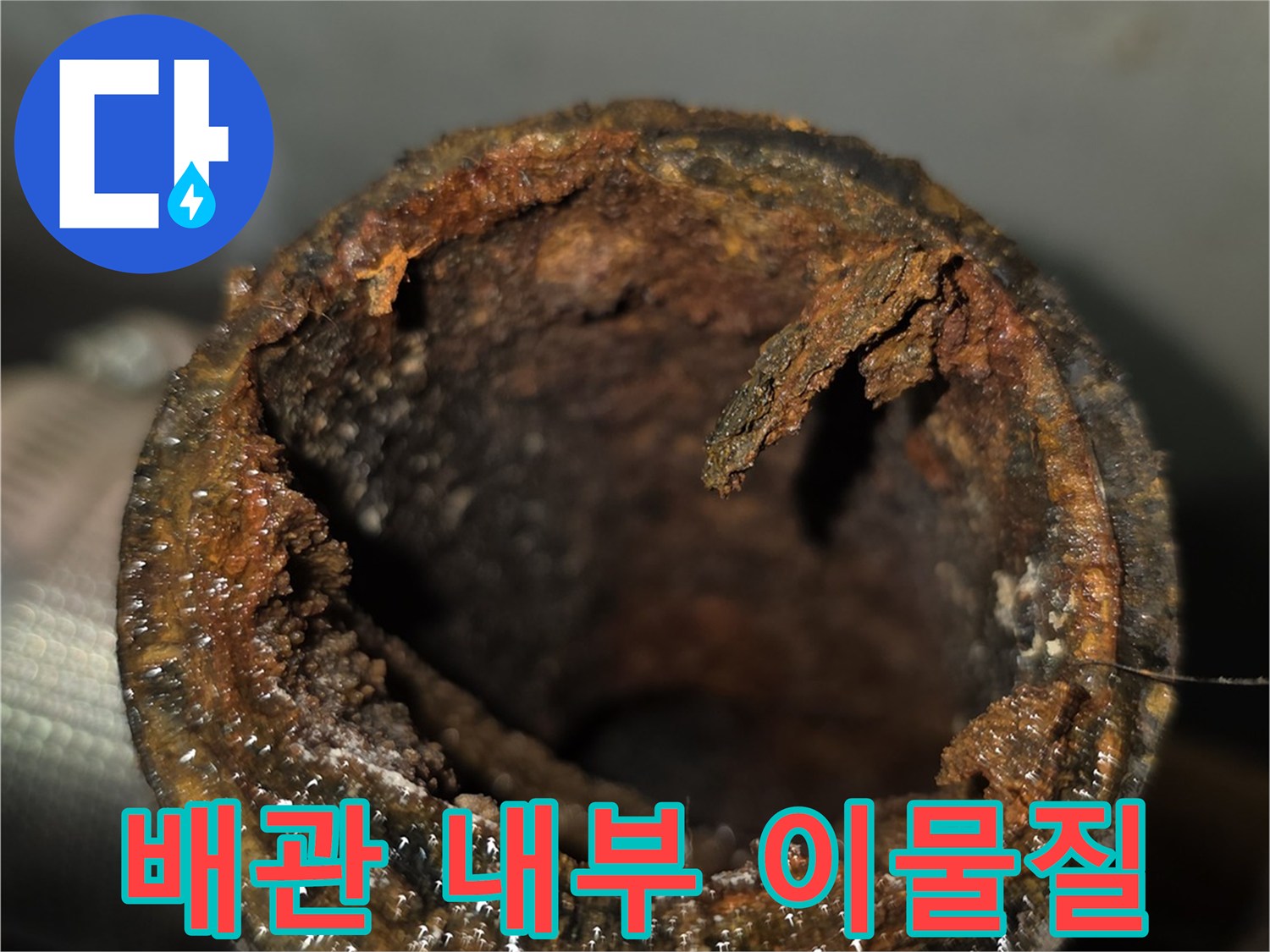 욕실 천장 배관 내부의 심한 슬러지와 오물 적체 상태