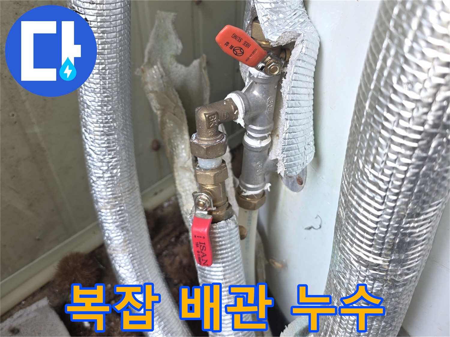 이천시-모가면-상가-건물에서-복잡하게-얽힌-배관-사이의-누수-지점을-찾아내기-위해-꼼꼼히-점검하는-현장-사진입니다.