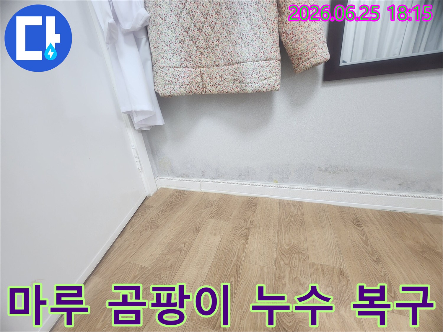 마루 바닥과 벽면 경계에 보이는-습기와 곰팡이 자국은-누수로 인한 마루 손상을 나타내며-누수 탐지 후 완벽 복구가 시급합니다.