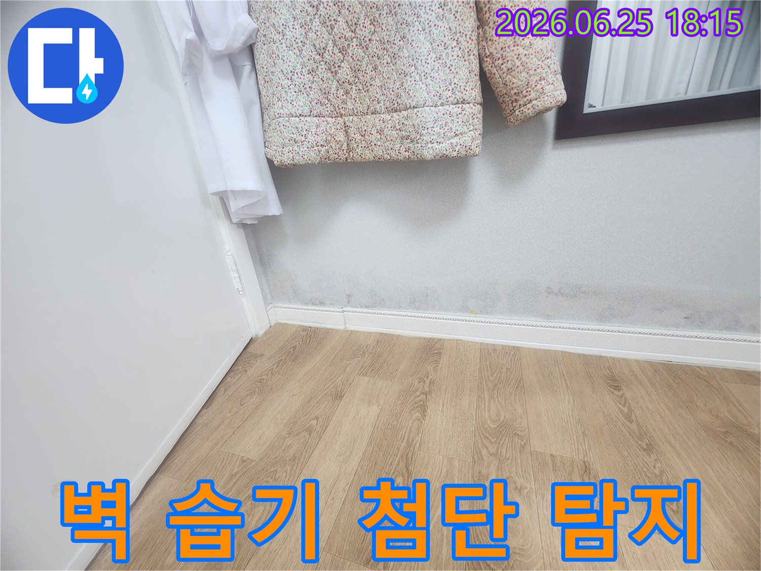 벽 하단에 나타난 습기와-곰팡이 자국은-내부 배관이나-외부 침투로 인한-누수 가능성을 시사하며-첨단 장비로 정밀 탐지가 필요합니다.