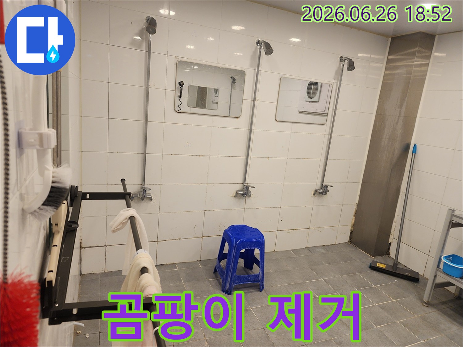 샤워실 벽면 타일과-줄눈에-피어있는-곰팡이의-모습-누수와-관련된-곰팡이를-제거하고-있습니다