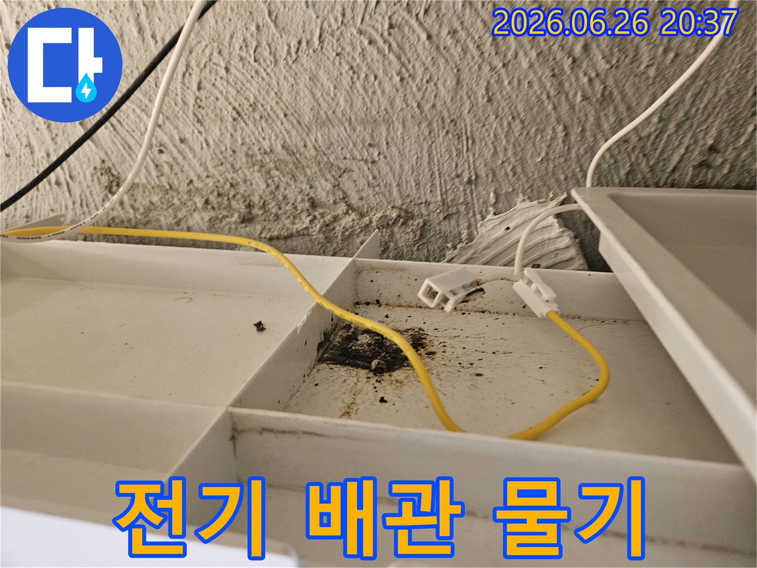 천장 내부의-전기 배관에-물기가 스며들어-시스템 고장 위험이 있는-상황