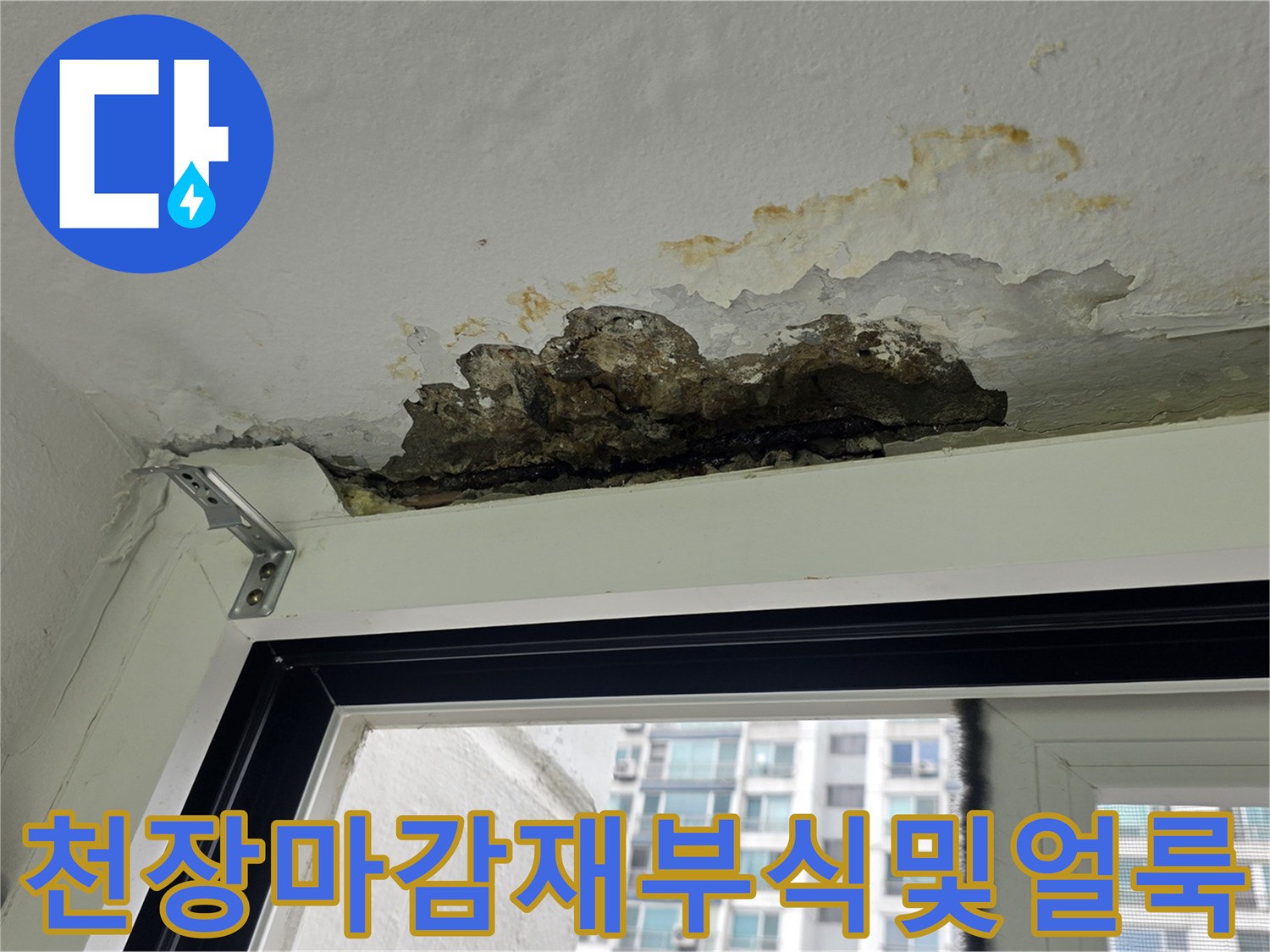 누수로 인해 곰팡이와 부식이 진행된 세탁실 천장 모습