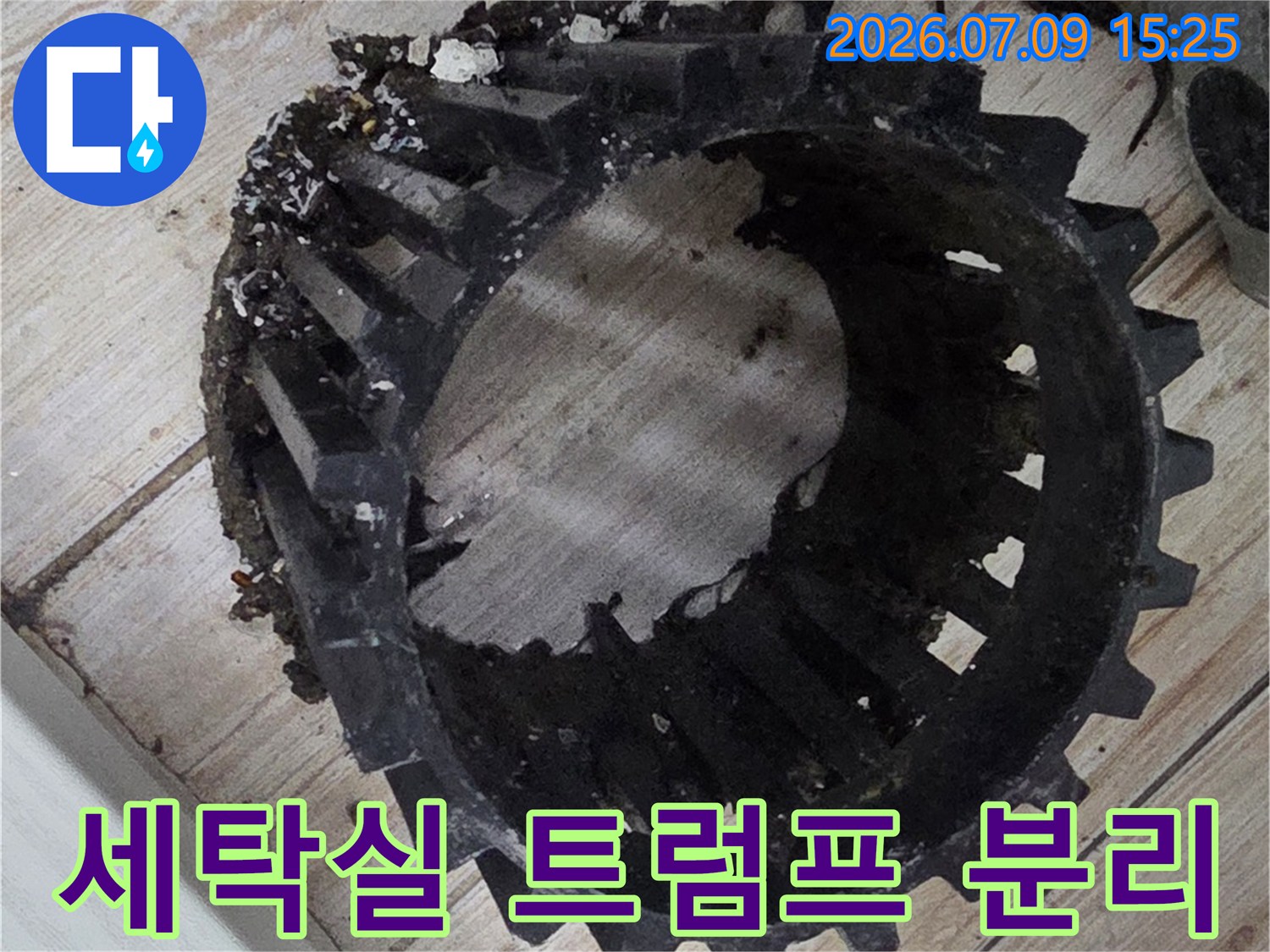 오염된 세탁기 배수용 트럼프를 제거하여 내부를 노출한 사진