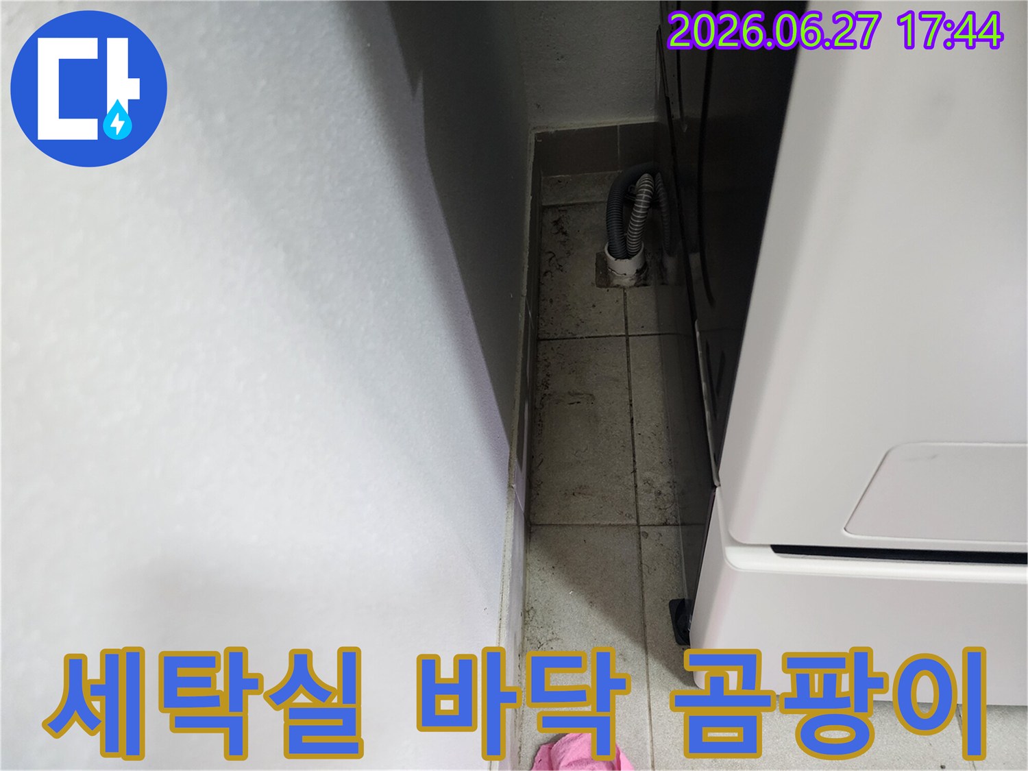 세탁실-바닥-타일-틈새에-생긴-곰팡이와-오염-상태를-보여주는-누수-현장-사진입니다