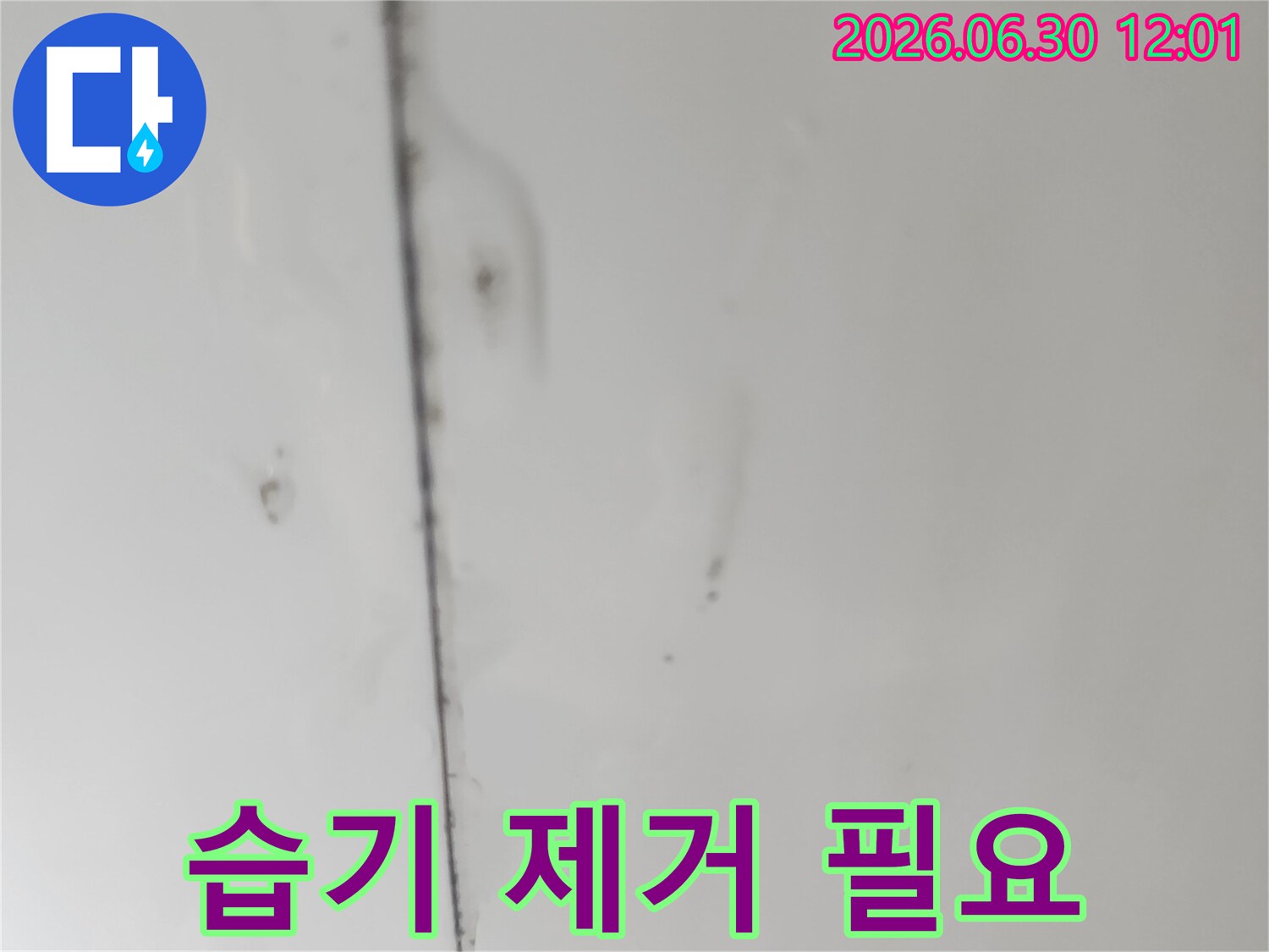 천장-이음새-부분에-물기가-스며들어-생성된-곰팡이와-함께-표면이-변색된-모습을-촬영했습니다.