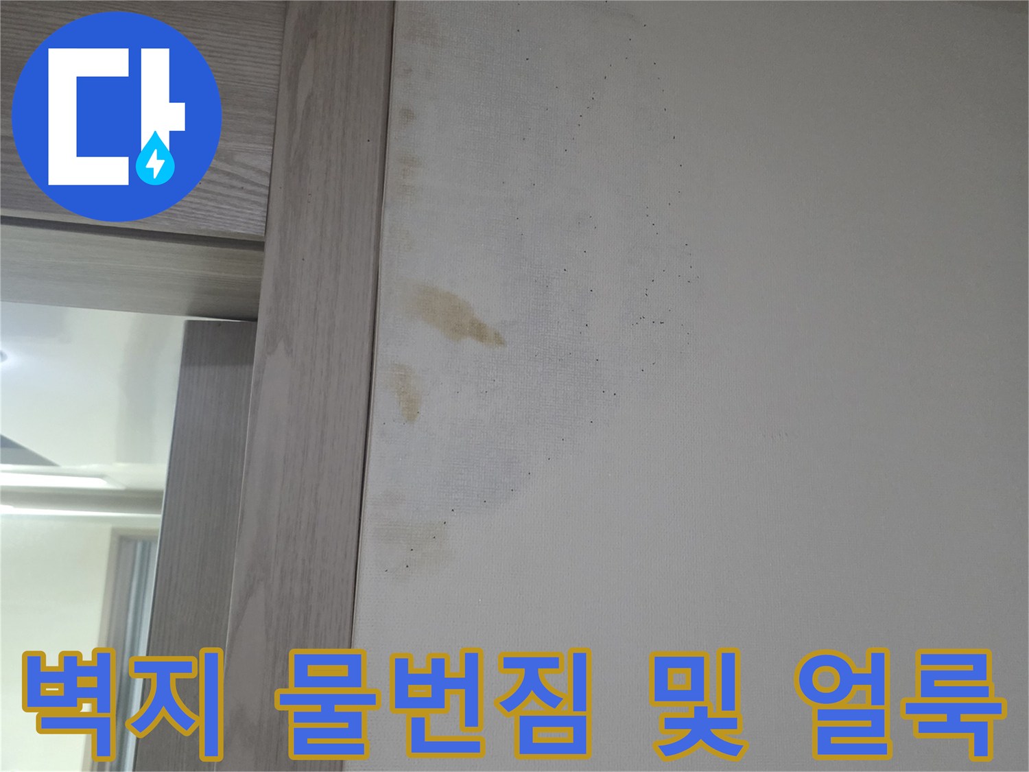 화장실 옆 벽면에 나타난 누수로 인한 황색 얼룩과 습기 현상