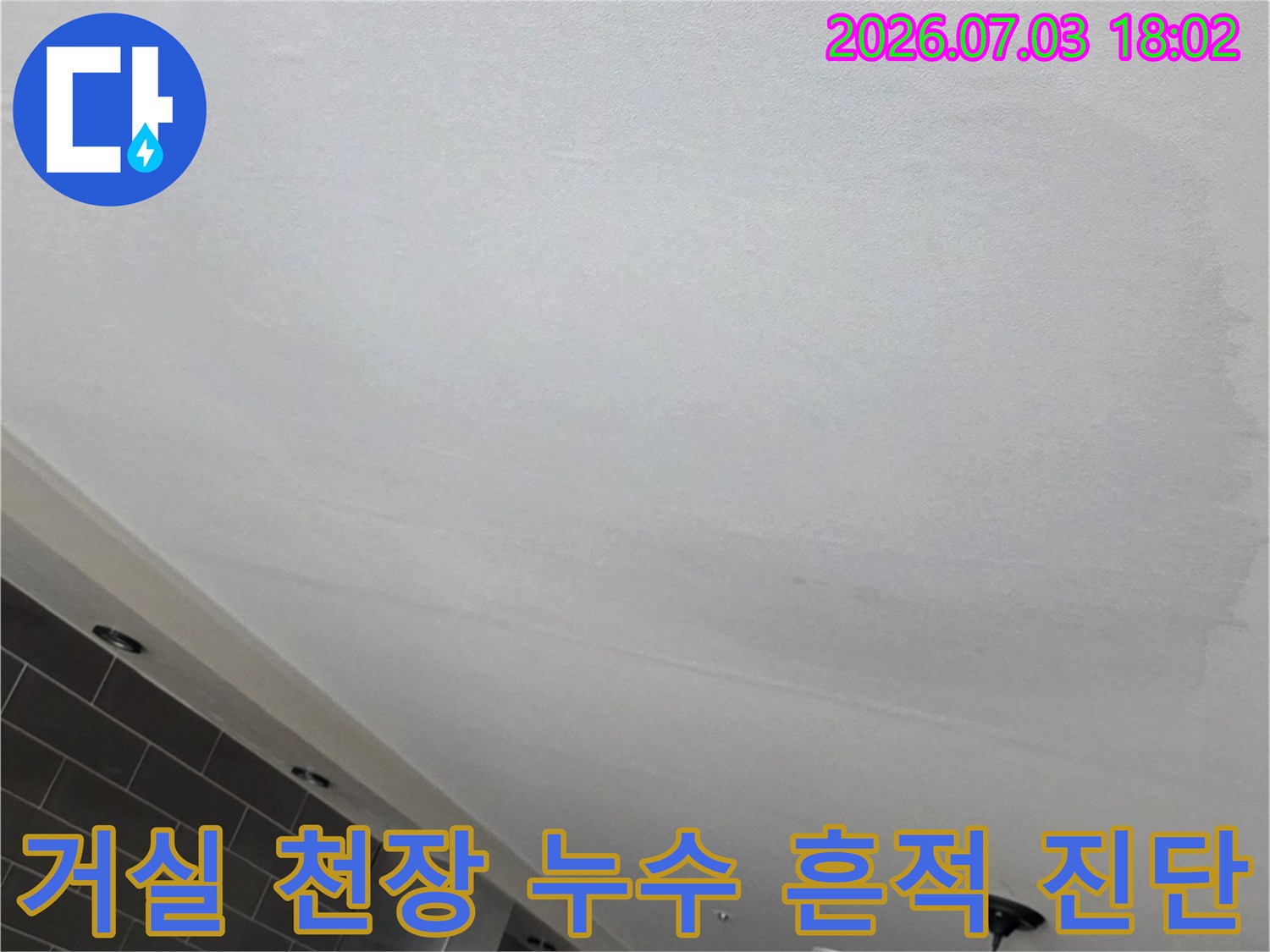 거실 쪽 천장에 생긴 커다란 물자국과 얼음 같은 자국