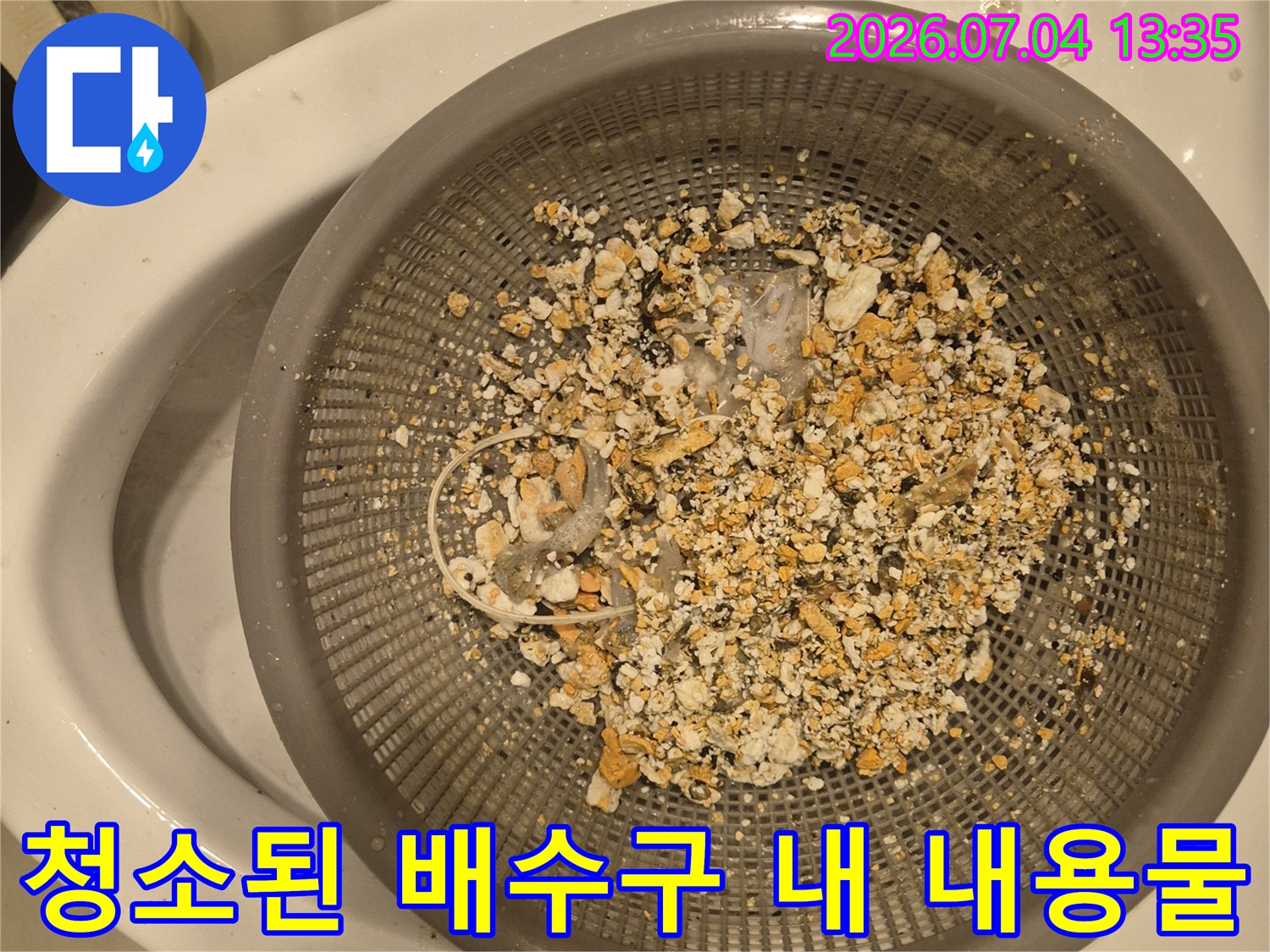 석션 장비로 걸러낸 싱크대 하수관 내의 다양한 음식물 찌꺼기들