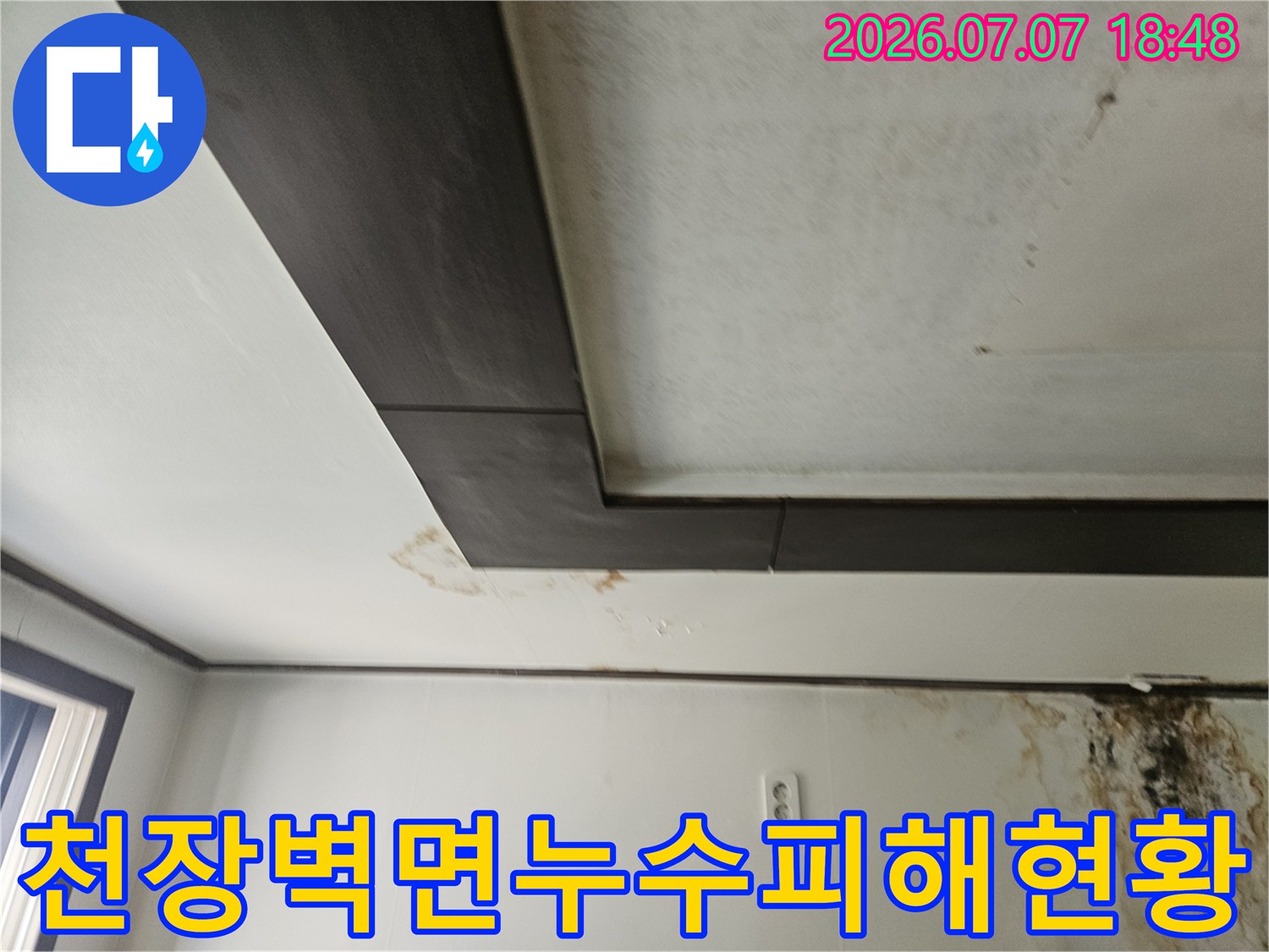 누수 흔적과 곰팡이로 인해 오염된 천장 및 벽체 부위