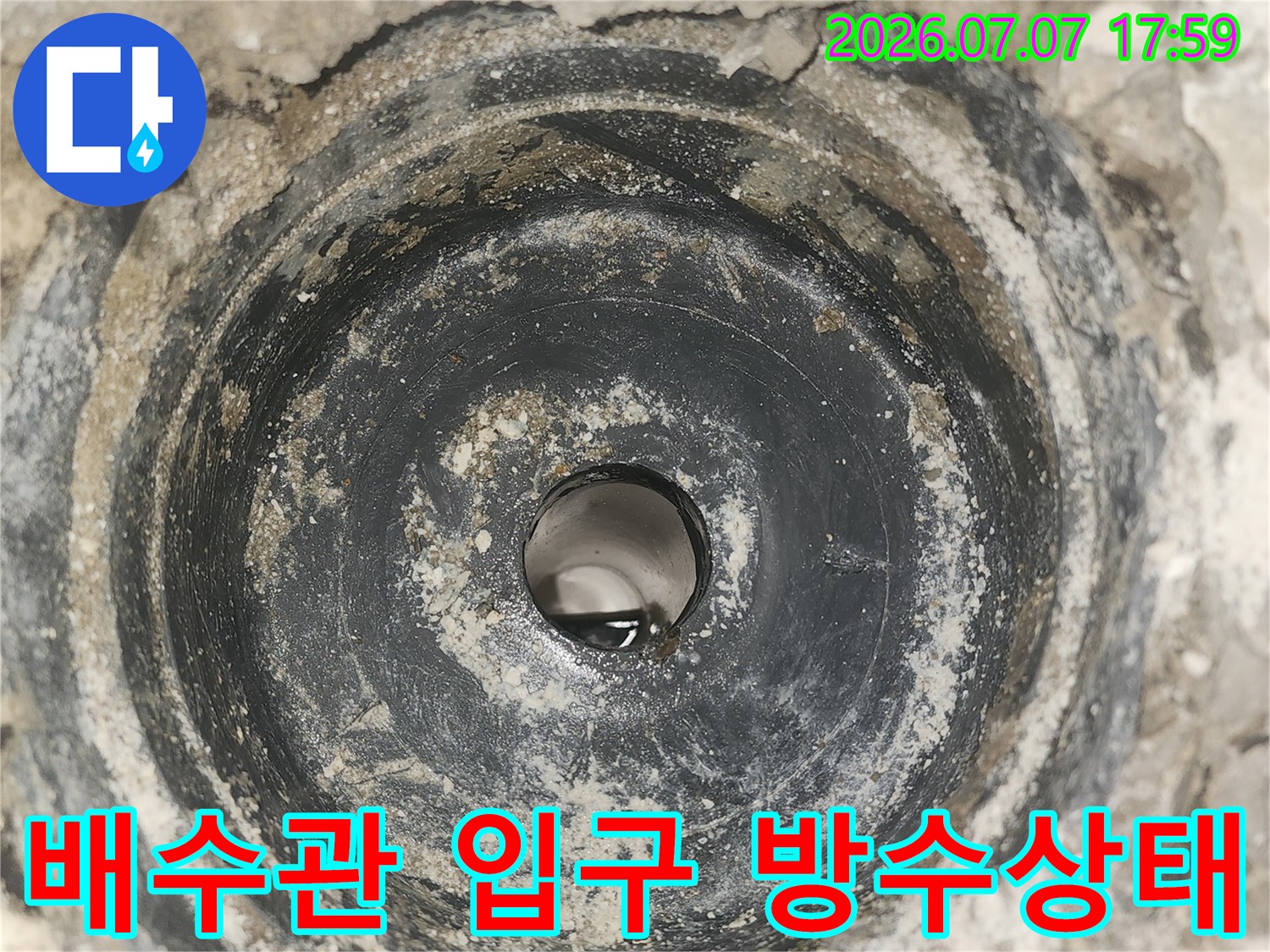 세탁실 하수 배출 부위의 내부 구조와 주변 마감 상태 촬영