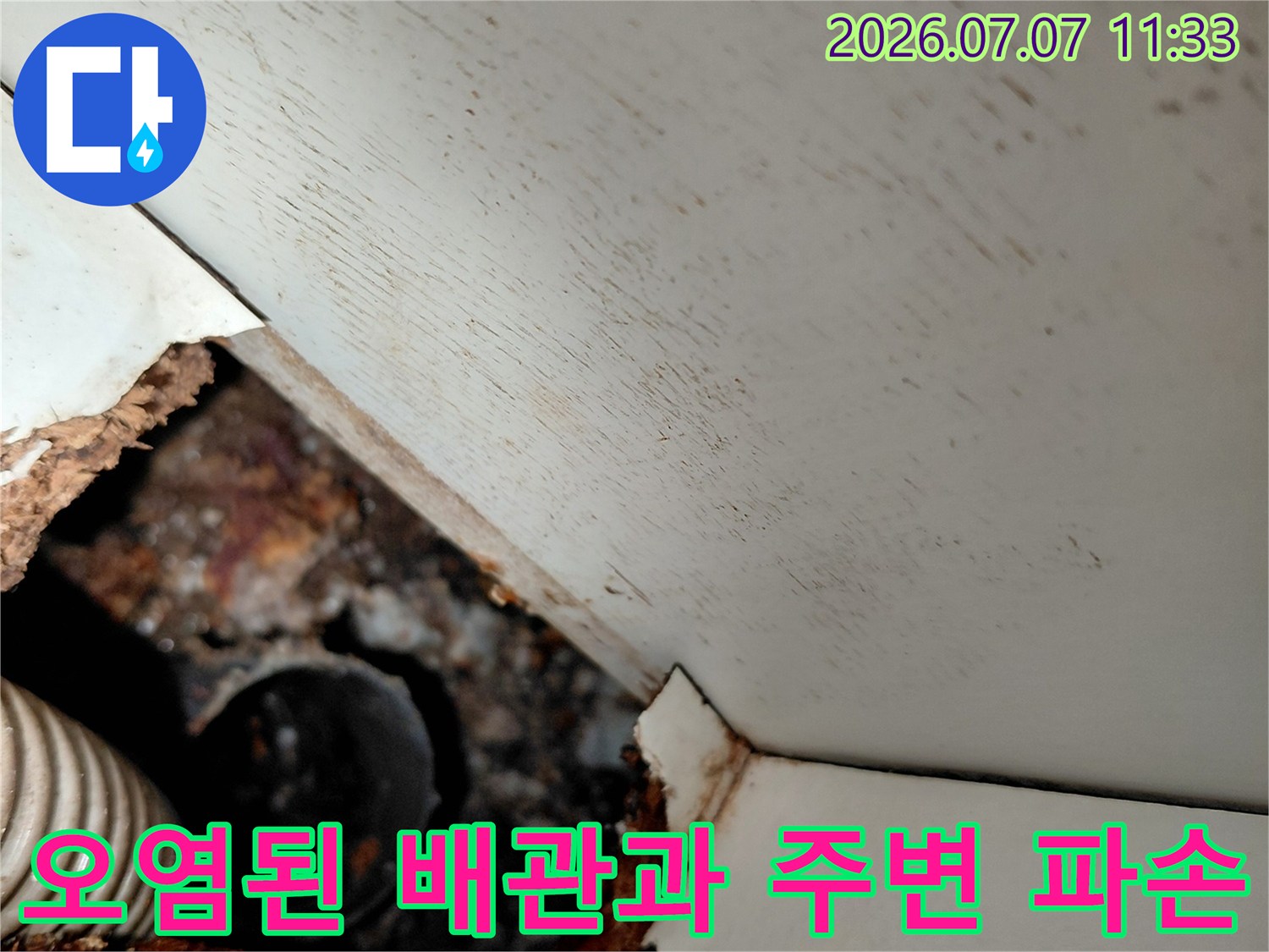 싱크대 하단부 배수구에 쌓인 찌꺼기와 이물질을 촬영한 사진