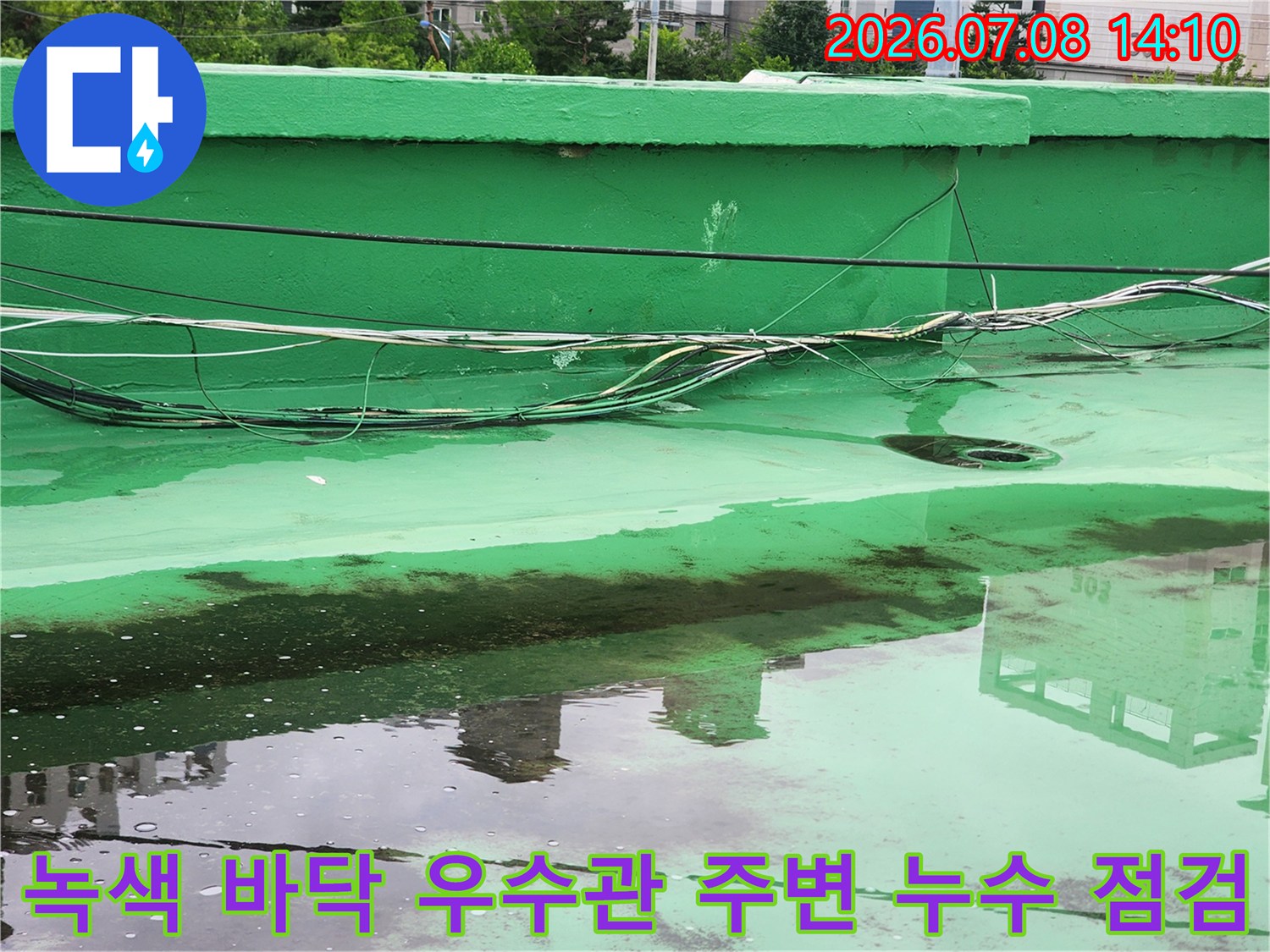 초록색 페인트가 칠해진 바닥에 설치된 여러 가닥의 전선과 노출된 배관 구조물