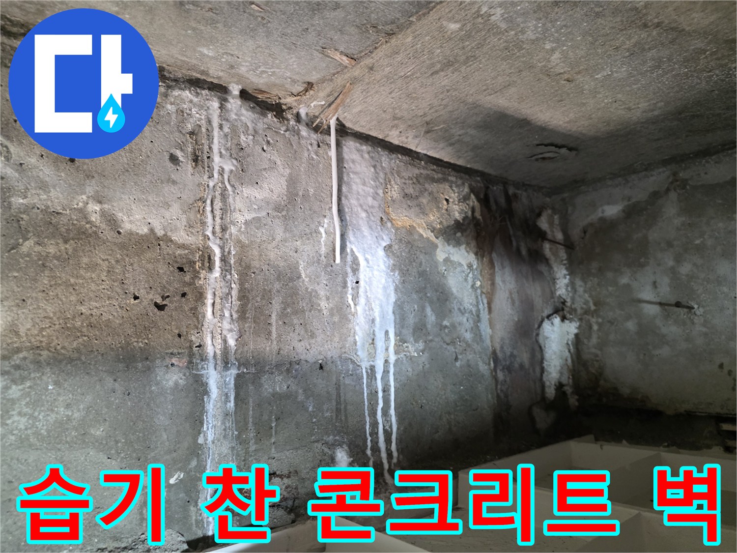 물기가 스며들어 얼룩진 콘크리트 구조물 내부 모습