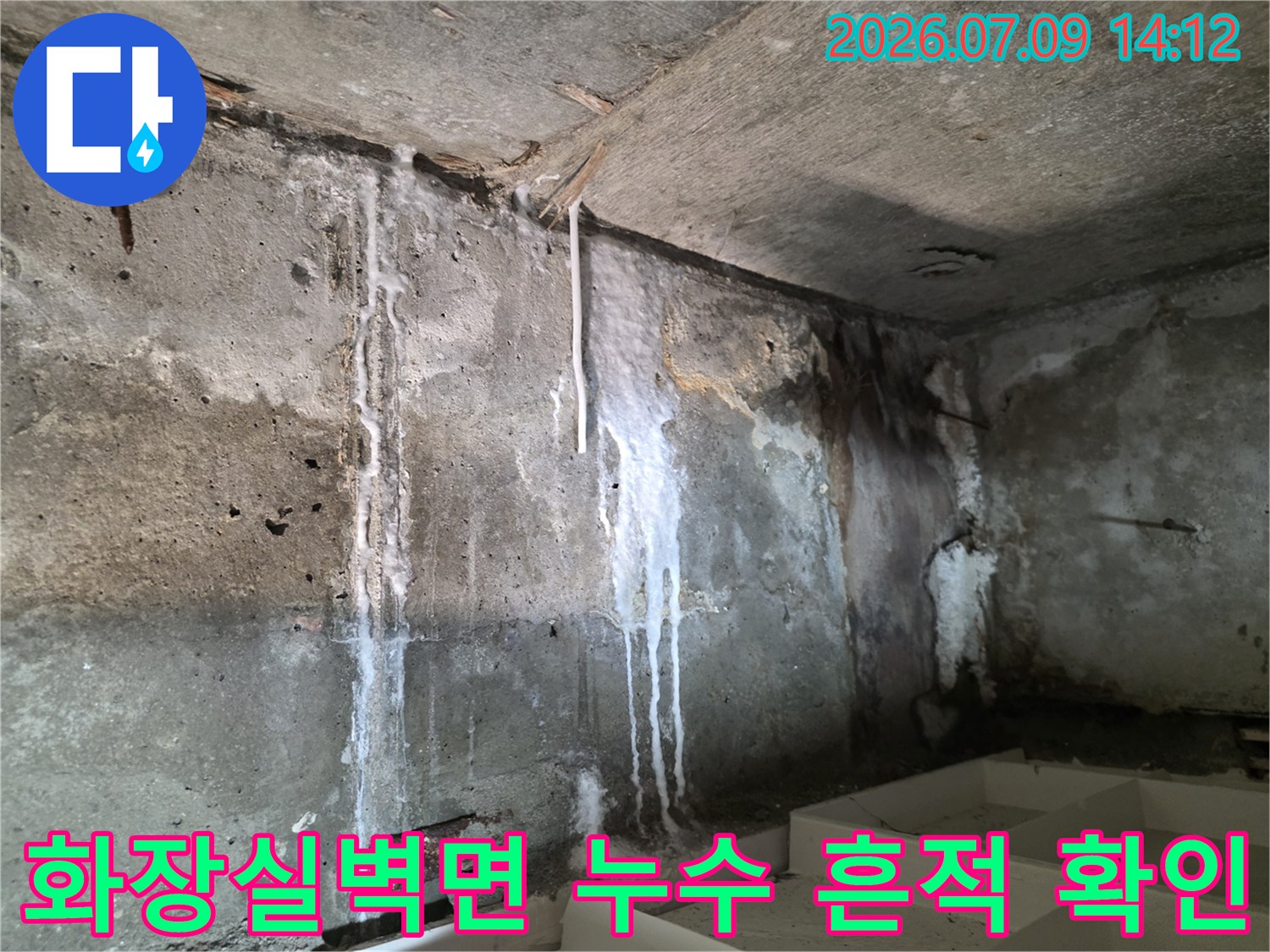 콘크리트 벽면에 하얗게 고인 석회 성분과 물이 흘러내린 자국이 선명한 현장 사진