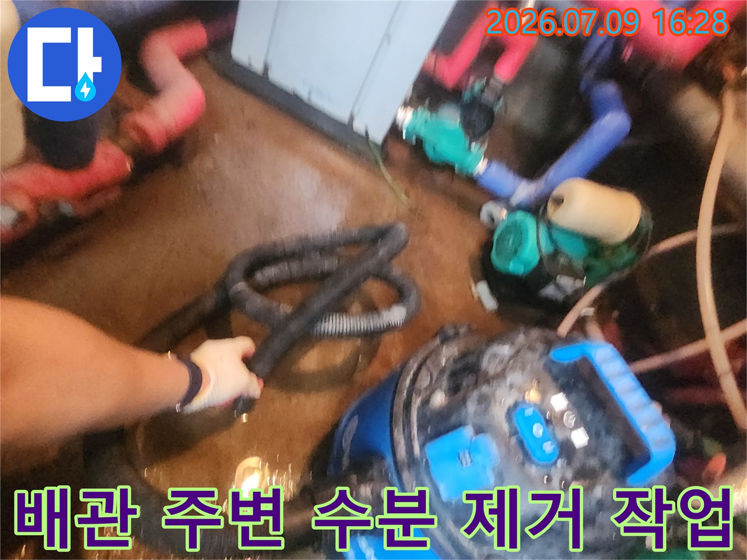 석션 호스를 연결하여 배관과 펌프 주변의 습기 및 고인 물을 제거하는 장면