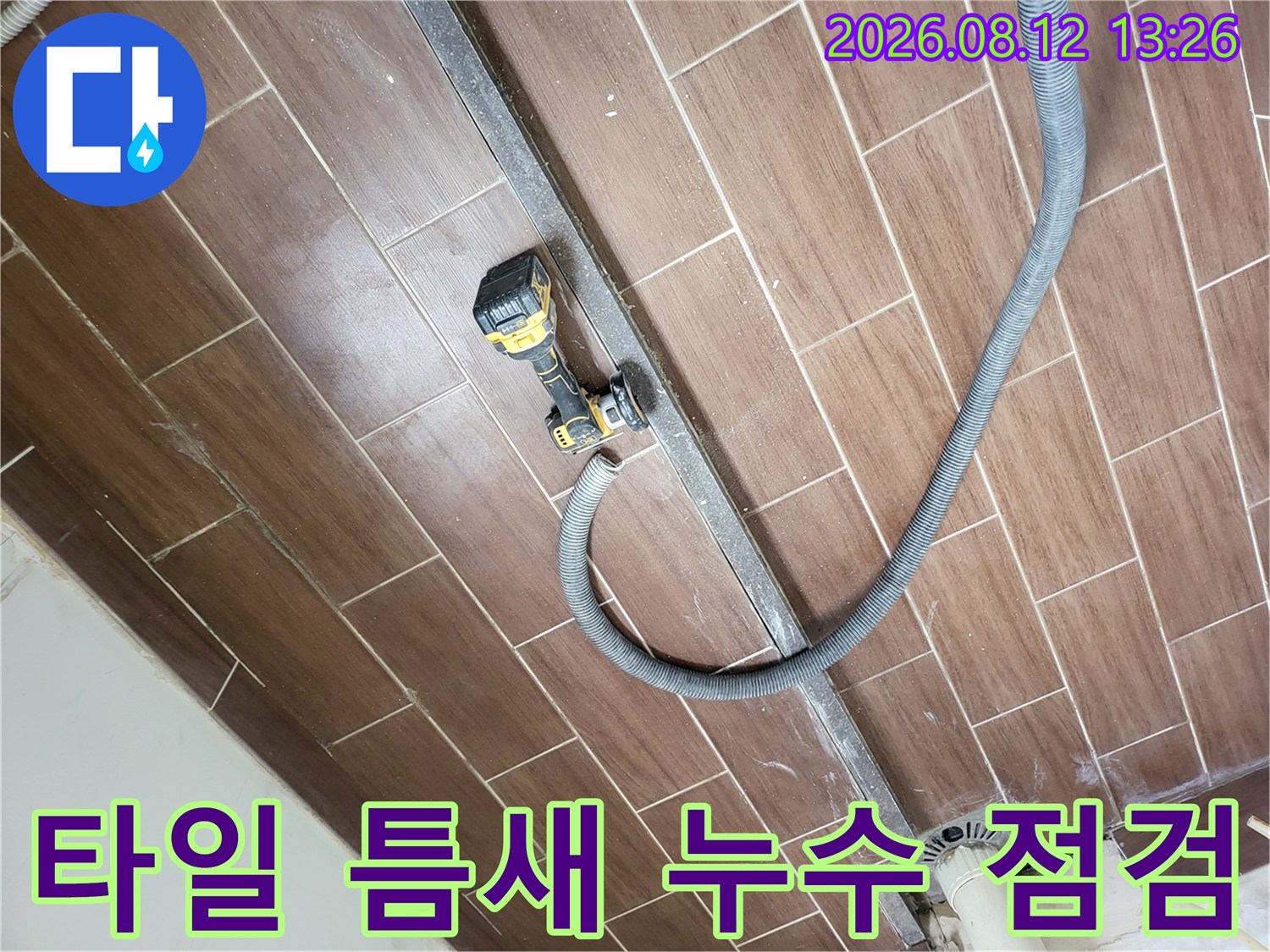 노후된 타일 줄눈과 배수구 주변의 균열 상태를 촬영한 사진입니다.