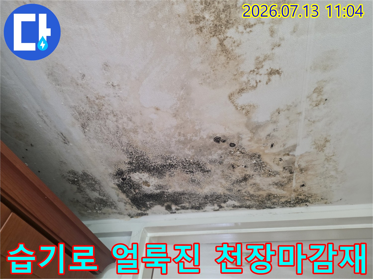 상부 배관 누수로 인해 아랫집 현관 입구 쪽에 발생한 곰팡이와 물자국