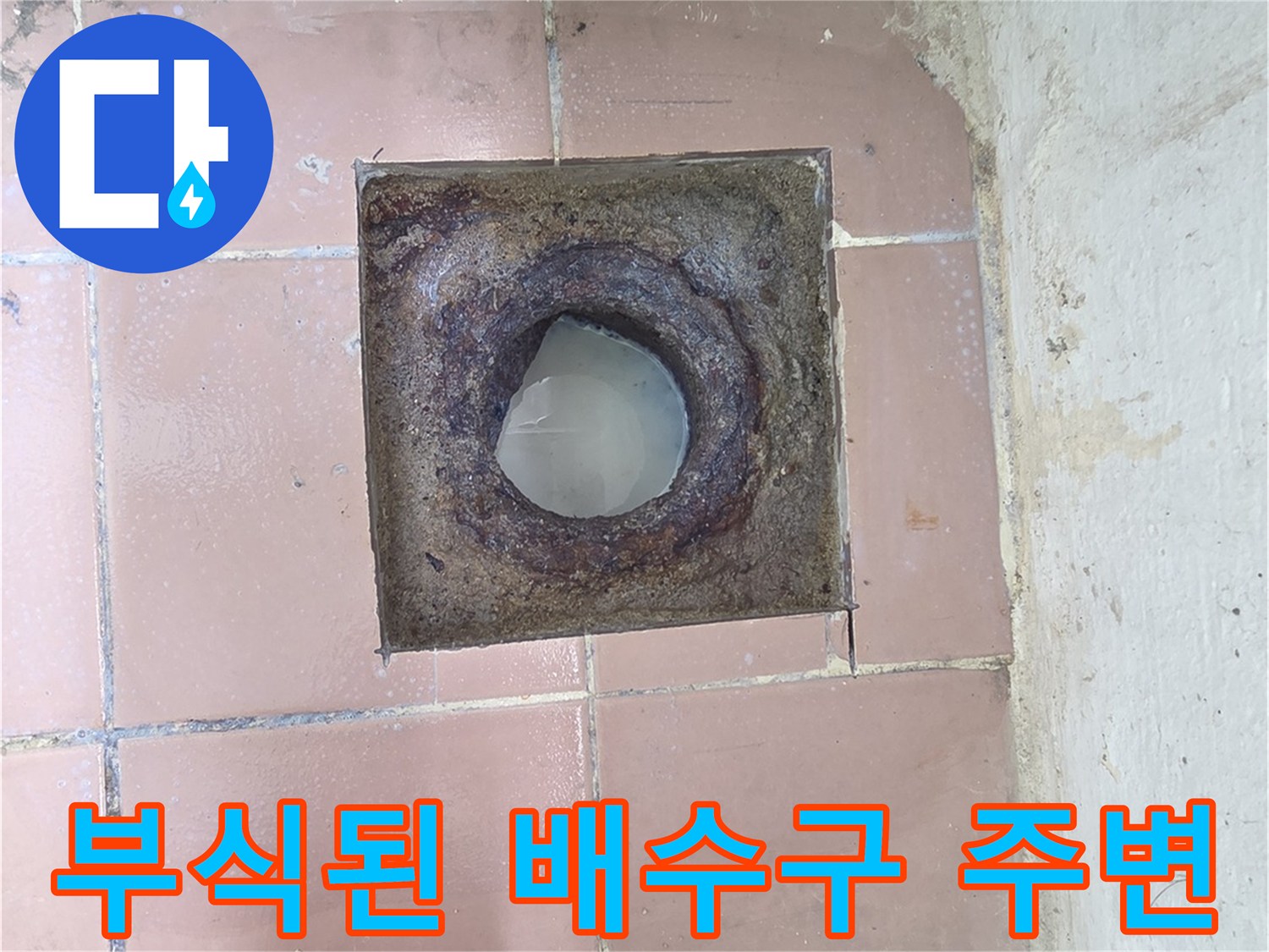 세탁실 배수구의 부식 및 오염 상태 사진