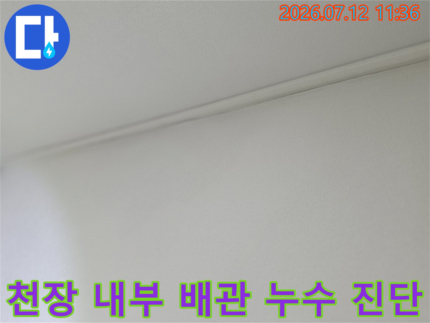 내시경과 육안 검사를 통해 천장 안쪽 배관의 상태를 점검하는 장면