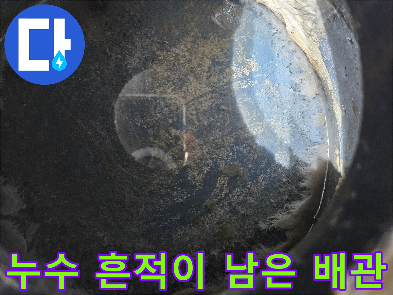 처인 누수 현장-배관 연결 부위의 물샘 및 얼룩 상태를 보여줍니다.