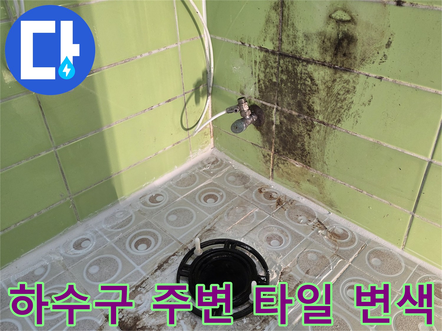 배수구 유가 탈거 후 드러난 배관 주변의 타일 오염 부위