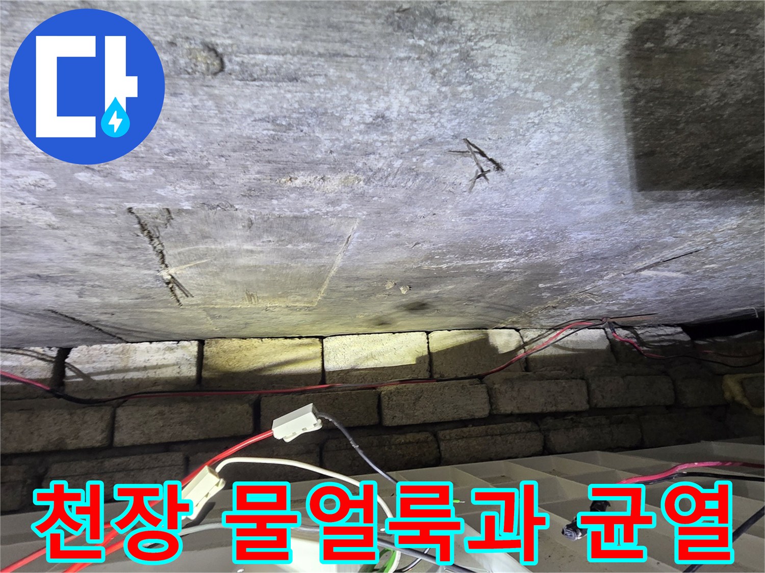화장실 천장 콘크리트 면의 물 얼룩과 미세한 균열 상태