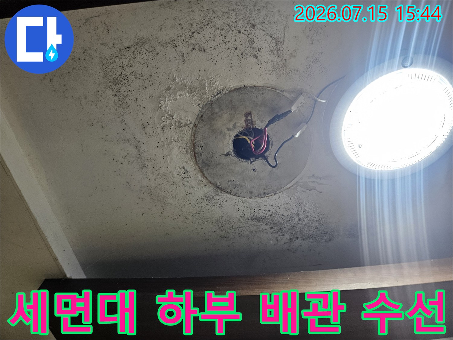 먼지 쌓인 세면대 하부 공간에서 노출된 파손 배관과 수리용 부품들