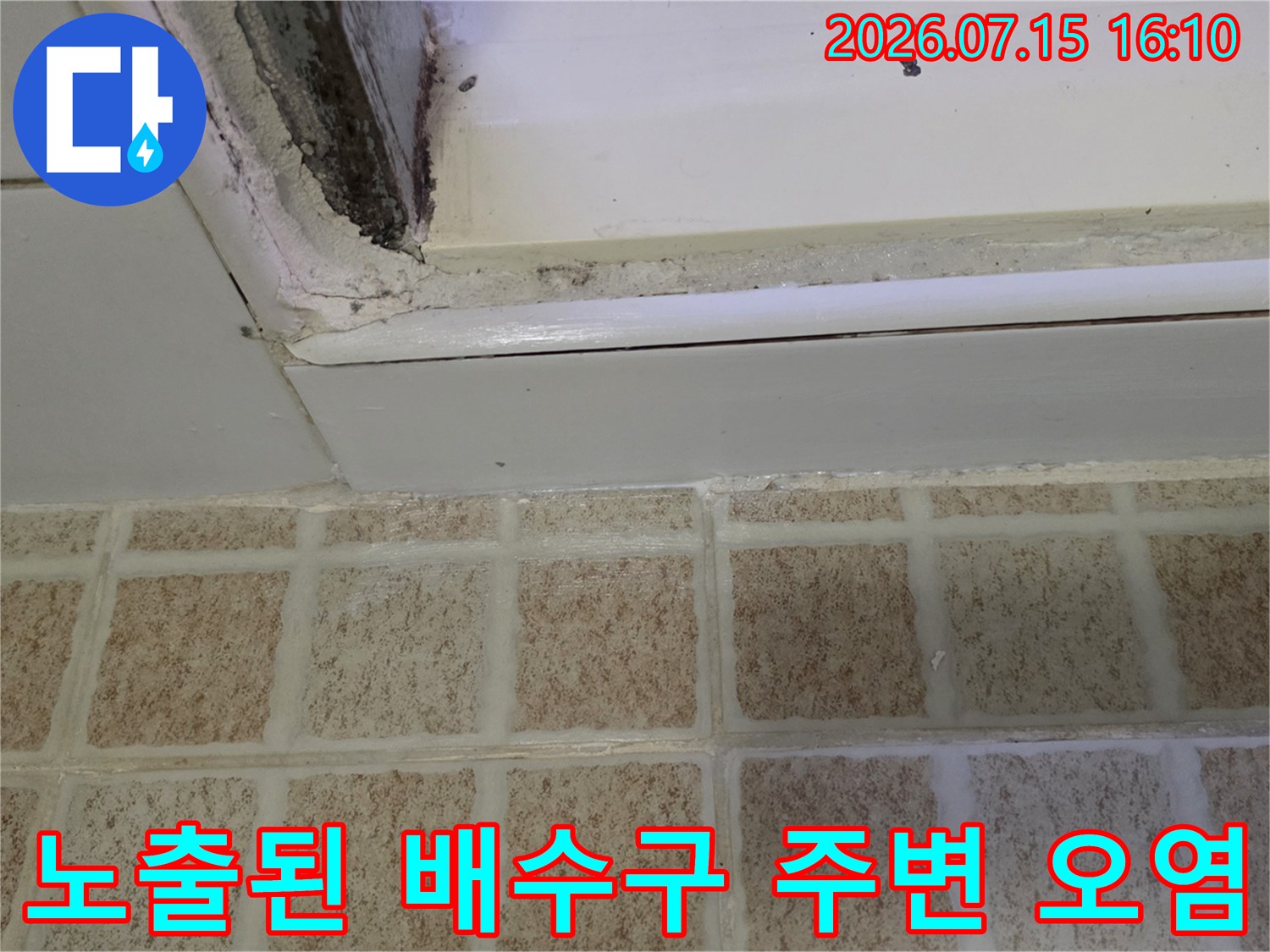 오염물이 고여있는 변기 밑면과 배관 연결부위