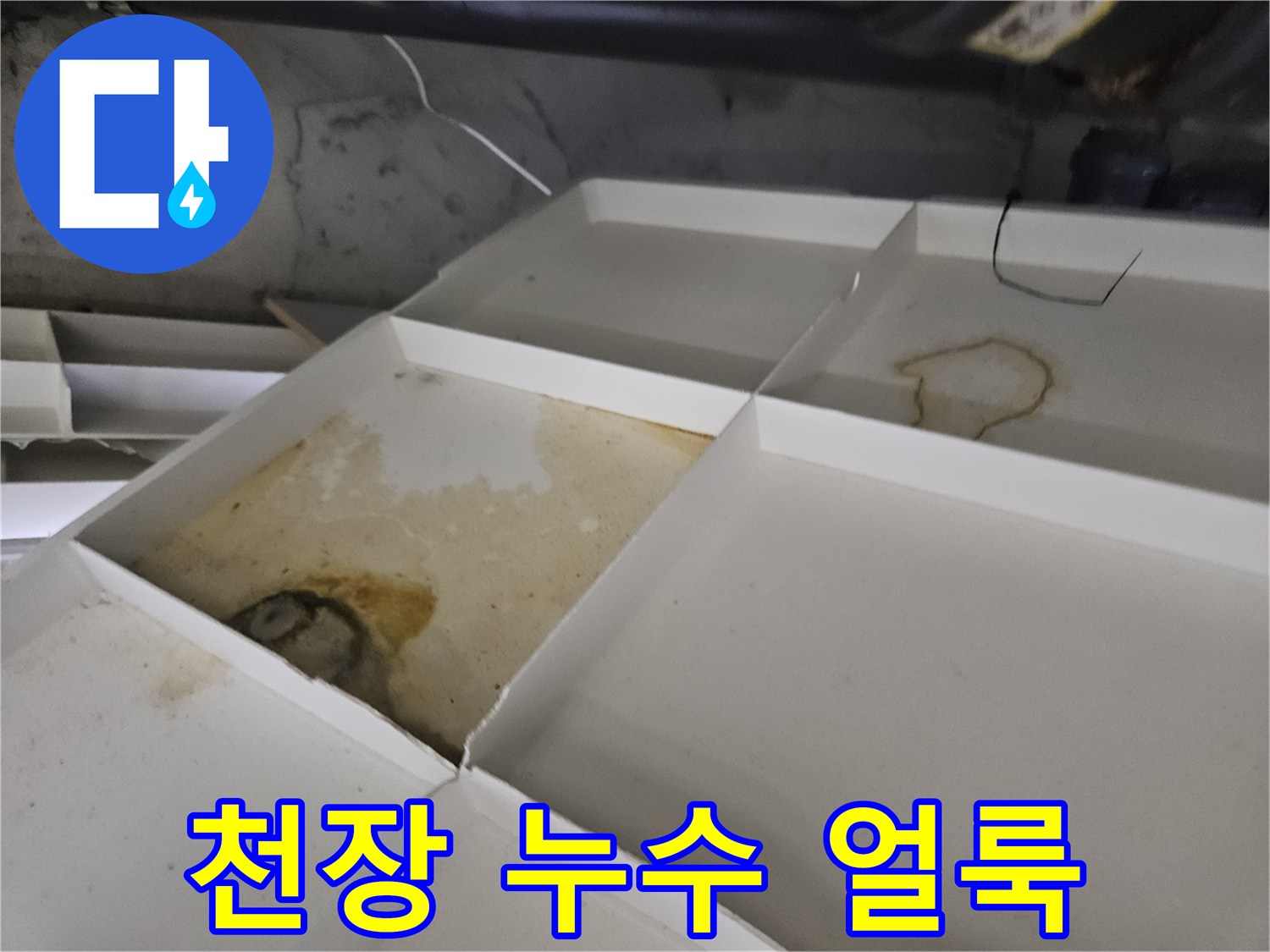 아파트 천장재에 발생한 갈색 물자국과 습기 흔적