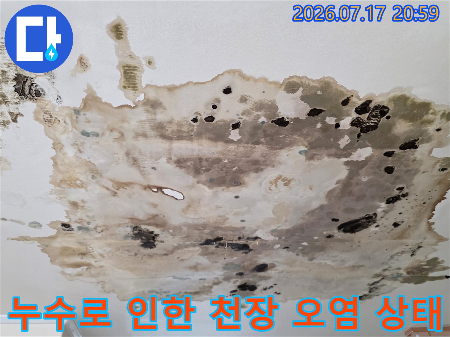 지속적인 수분 유입으로 변색된 천장 마감재
