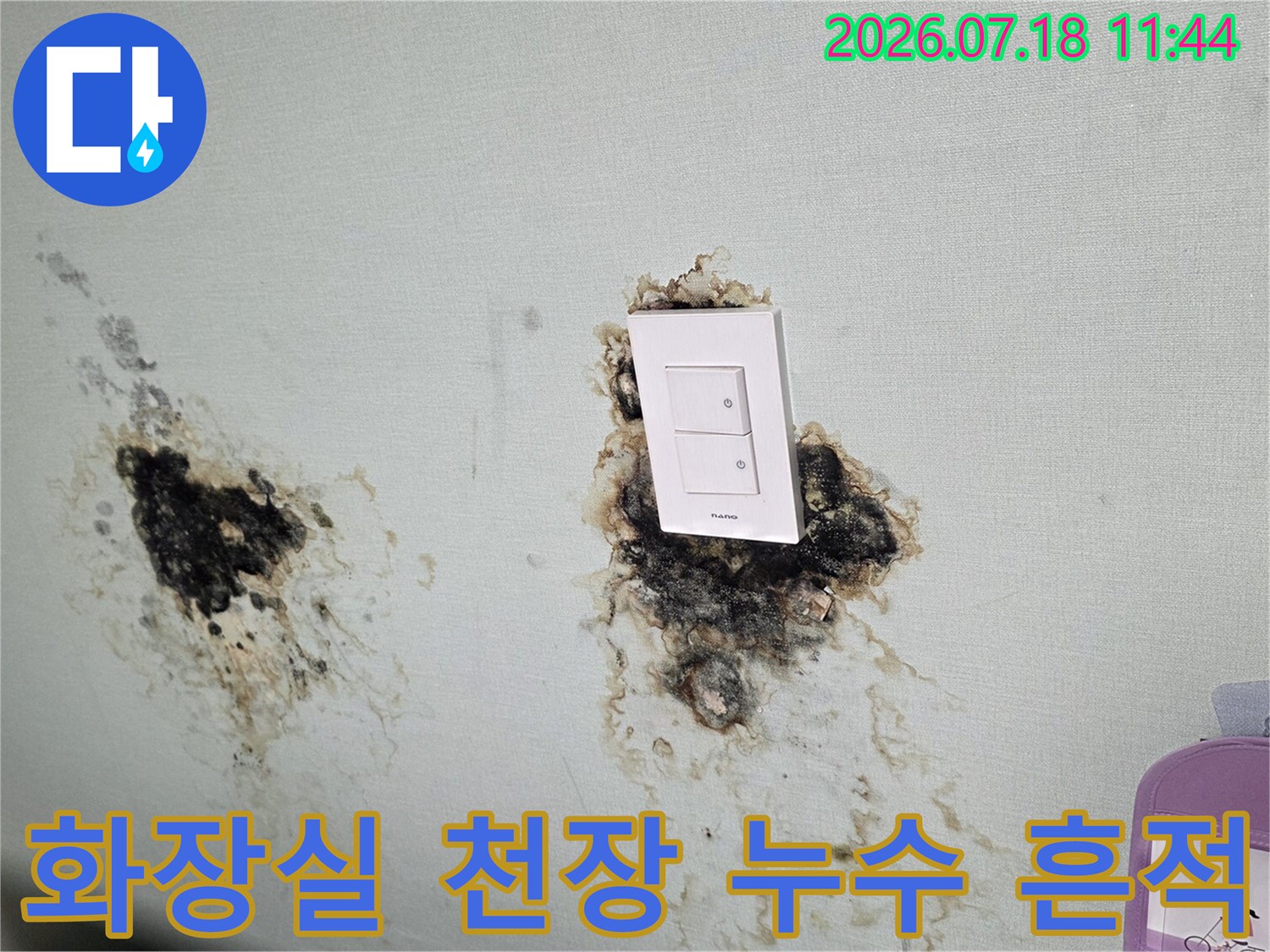 콘센트 주변에 발생한 습기와 곰팡이로 인한 벽면 오염 상태