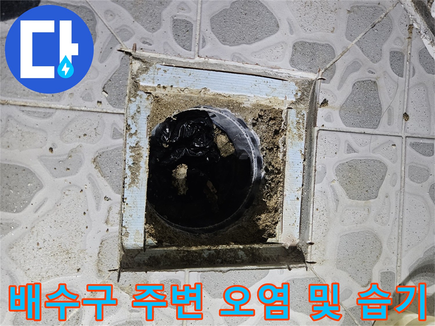 후석동 아파트 현장-물샘이 확인된 배수구 내부와 타일 틈새