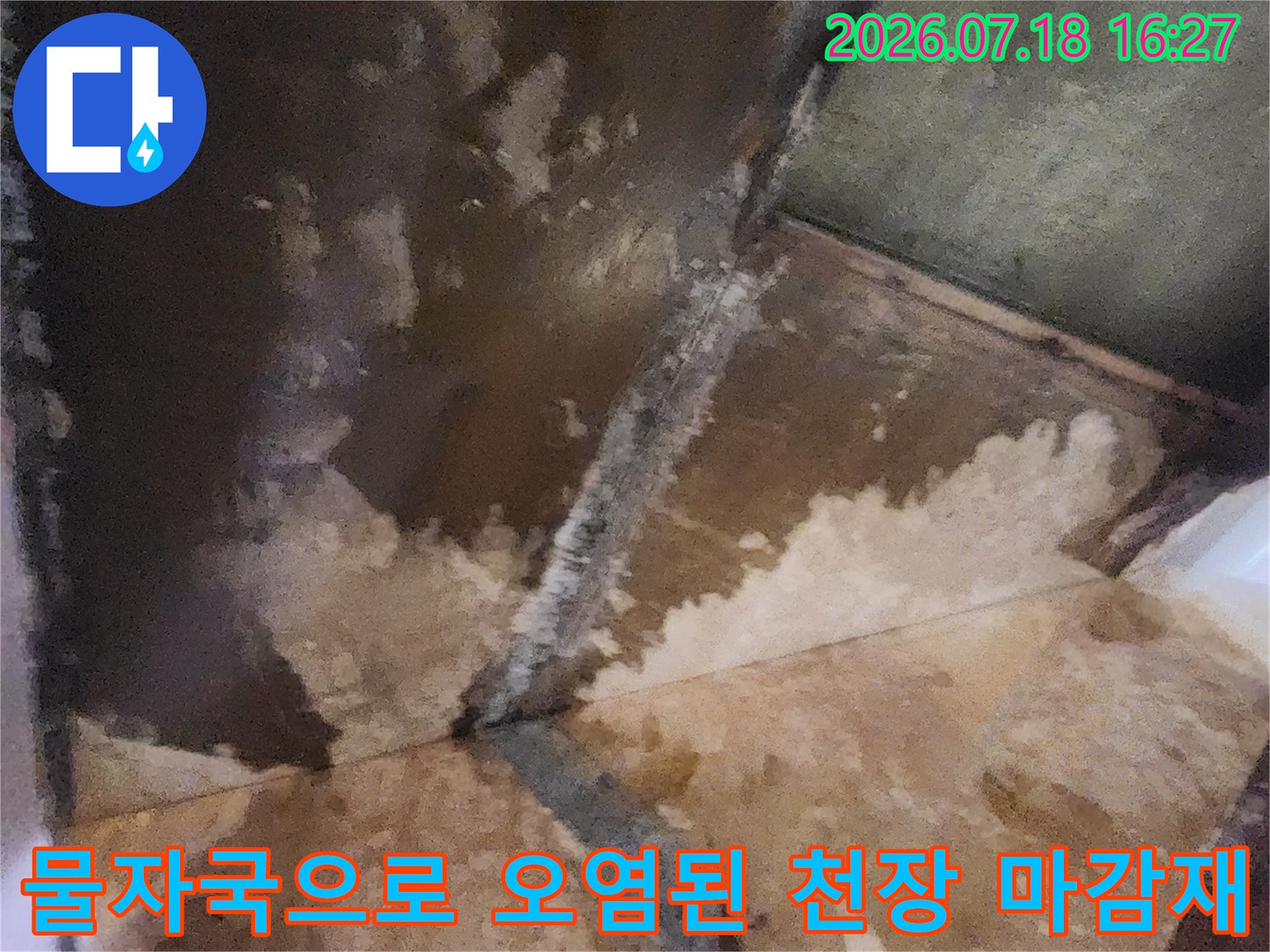 천장의 자재가 물에 젖어 갈색으로 변하고 검은 곰팡이가 형성된 모습