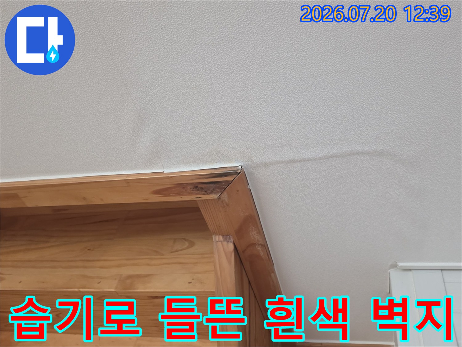 나무 선반 위쪽 벽면이 누수로 인해 울퉁불퉁하게 부풀어 오른 모습