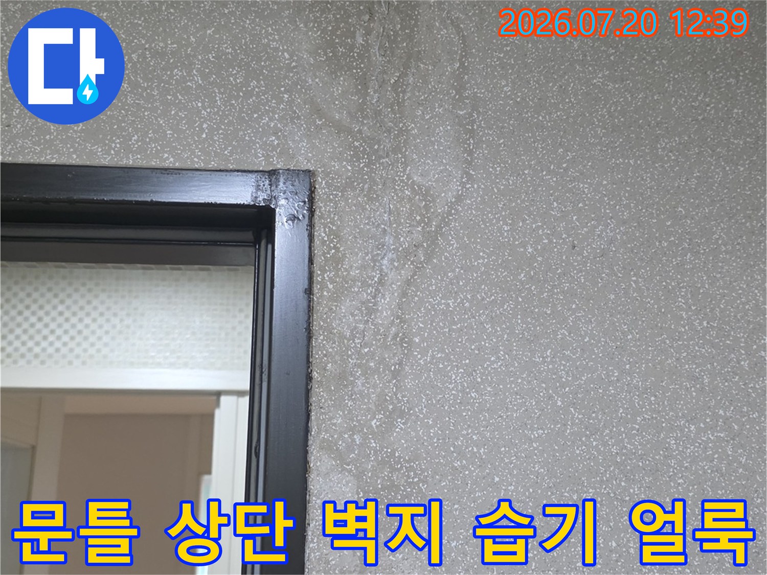 회색빛 실크벽지와 검정 문틀 경계면에 발생한 누수 오염 흔적-이미지