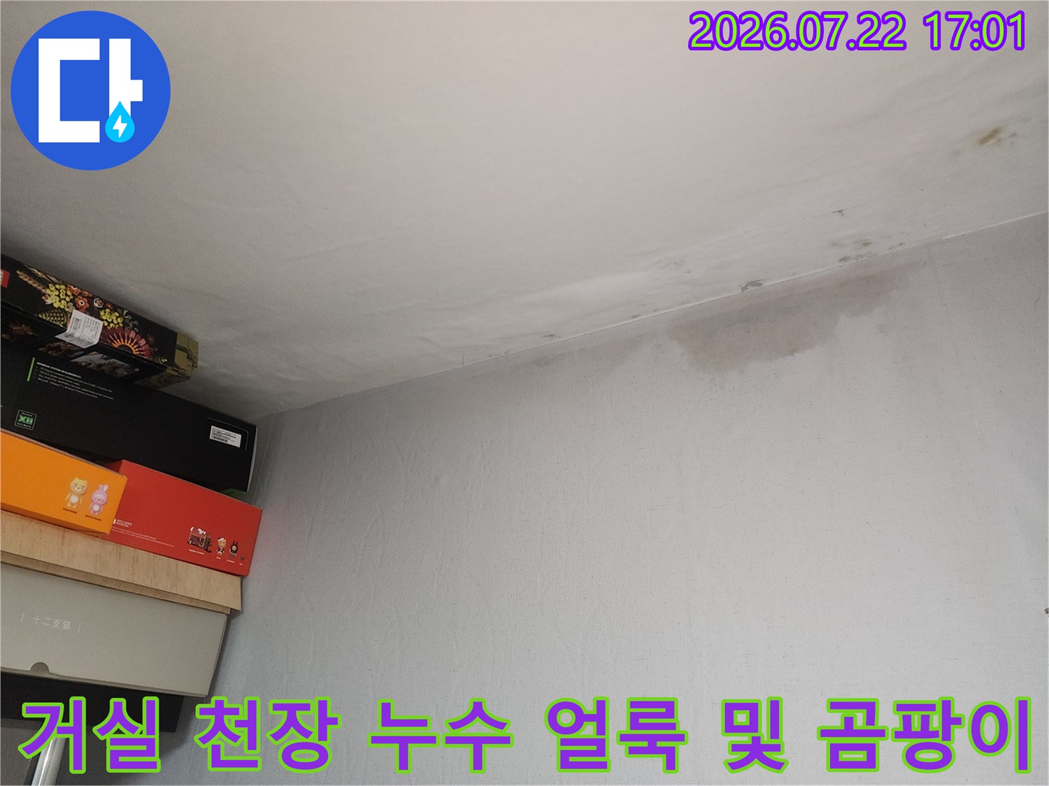 거실 천장 모서리 부분에 발생한 노란색 누수 흔적과 습기로 인한 변색 상태