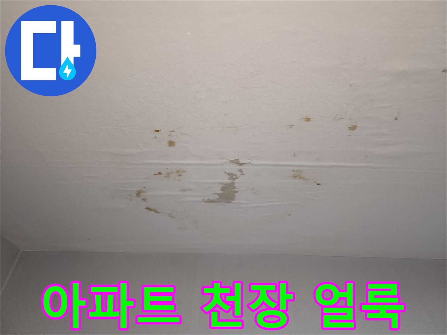 아파트 거실 천장에 발생한 누수 흔적과 물자국 상태