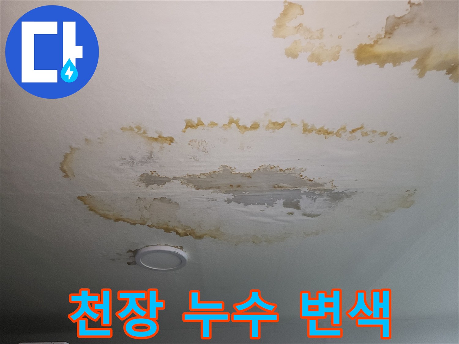 천장 벽지가 젖어 갈색으로 변한 누수 피해 현장 모습