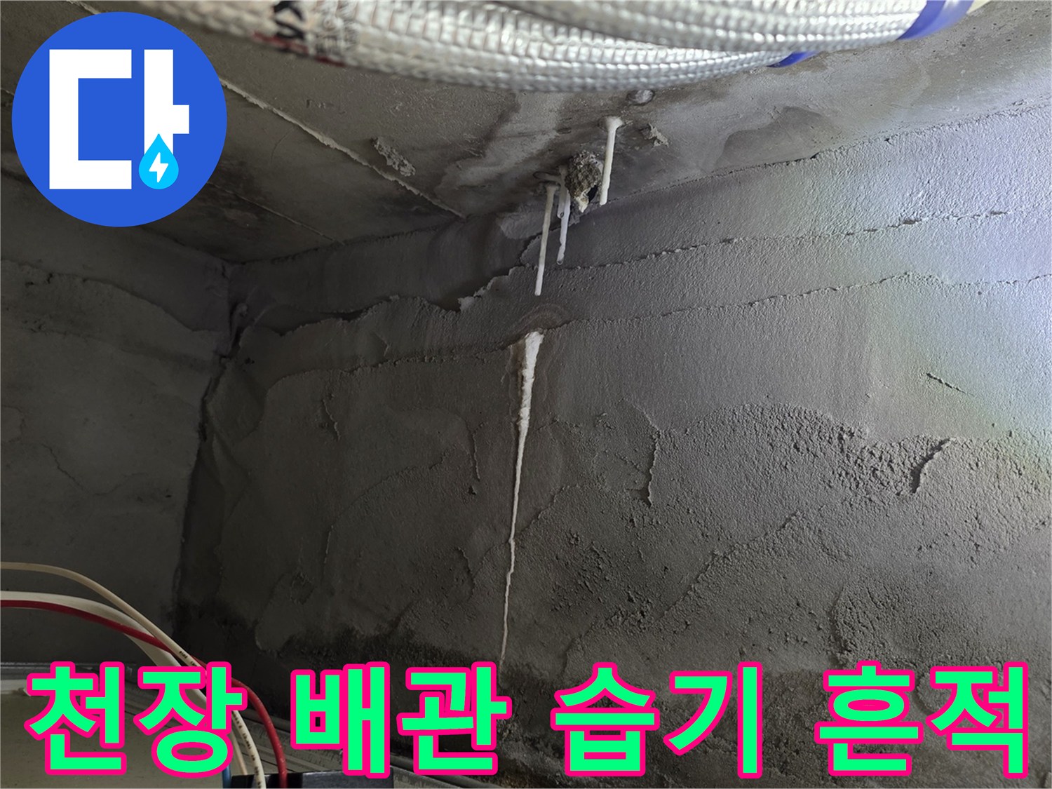 배관 주변으로 번진 물자국과 천장 슬라브의 습윤 상태