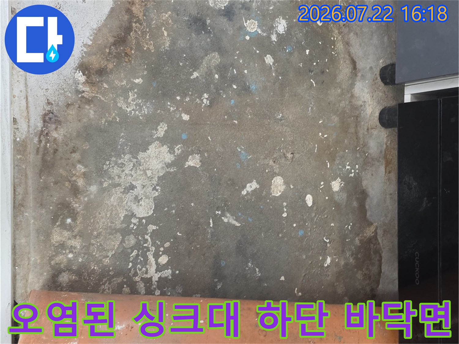 싱크대 밑바닥에 물이 고였다가 마르기를 반복하며 생긴 - 검은색 곰팡이와 얼룩들